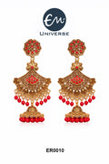 Antique Gold Plated Red Stone Jhumka Earrings for Women