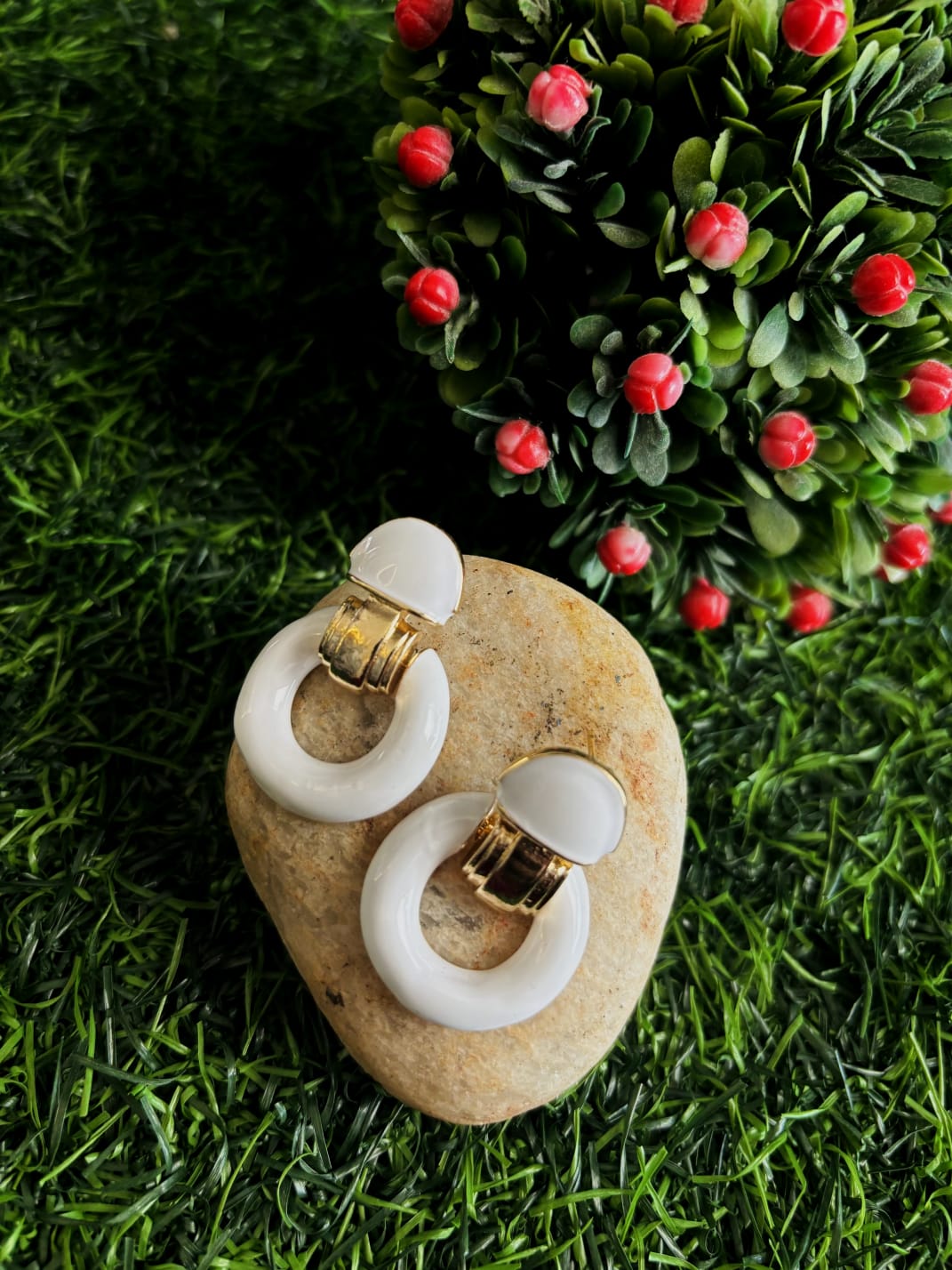 Classic White Hoop Drop Earrings – Gold Finish