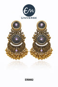 Antique Dual-Tone Temple Style Statement Earrings – Lavender Stone & Golden Bead Fringes