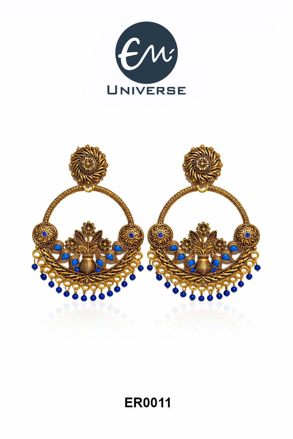 Antique Gold Plated Chandbali Earrings with Blue Beads
