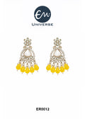 Elegant Silver Chandelier Earrings with Yellow Beads and Mother-of-Pearl Accents