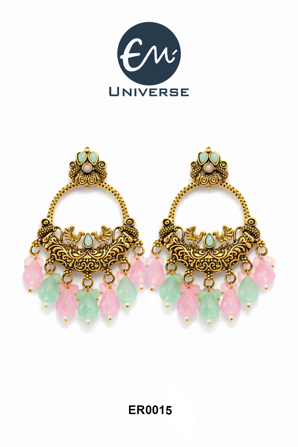 Antique Gold Chandbali Earrings with Pastel Bead Drops