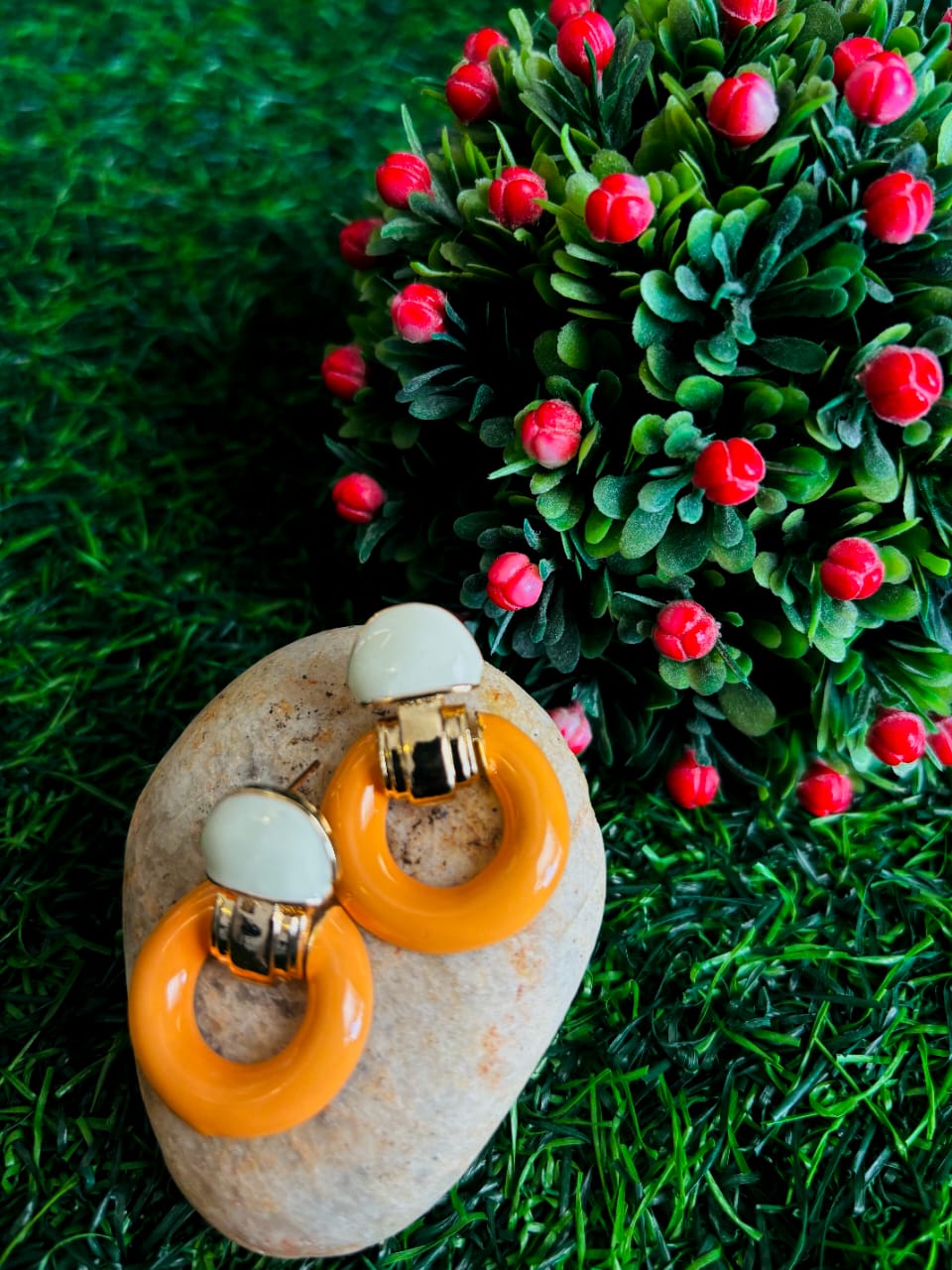 Modern Orange Hoop Drop Earrings with Gold Finish